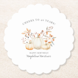 40th Birthday White Pumpkin Fall Leaves Custom Paper Coaster