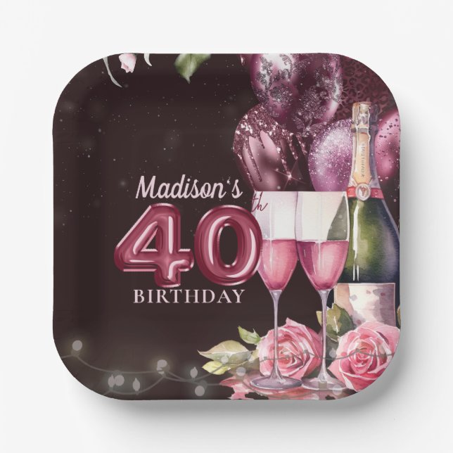 40th Birthday Wine & Balloons Personalized Paper Plate (Front)