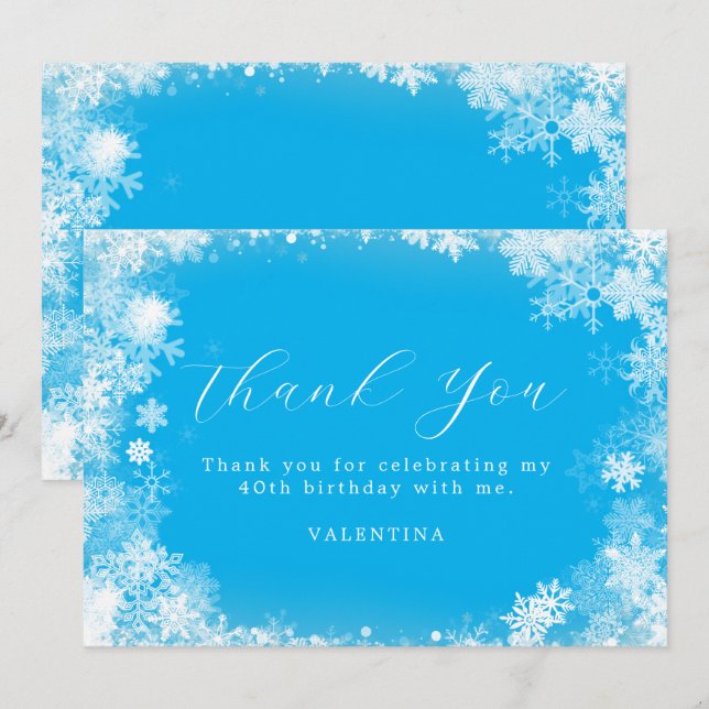 40th Birthday Winter Wonderland Snowflake Blue Thank You Card (Front/Back)
