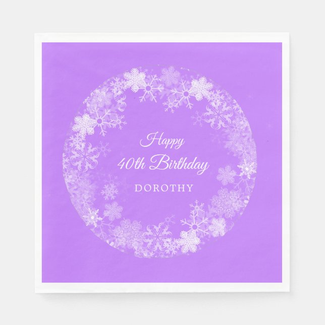 40th Birthday Winter Wonderland Snowflake Purple Napkin (Front)