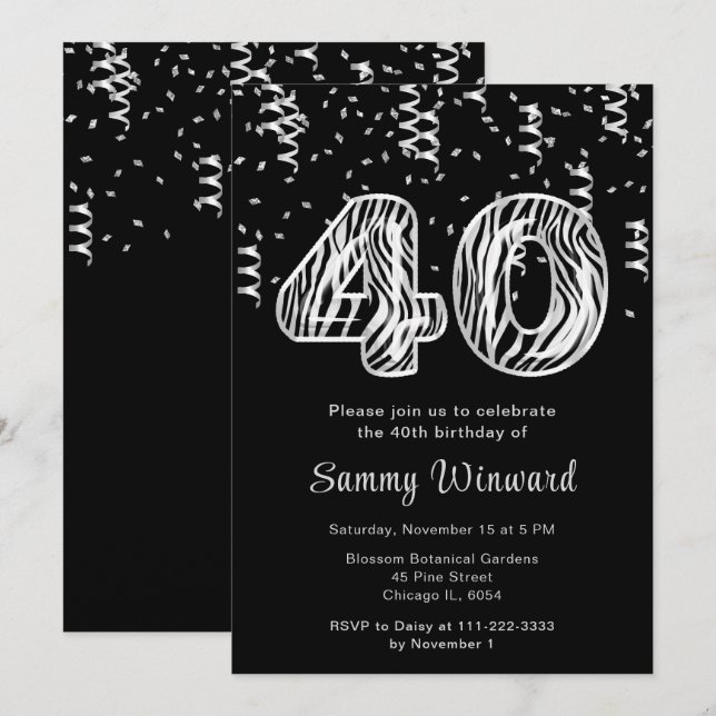 40th Birthday Zebra Print Balloons with Confetti Invitation (Front/Back)
