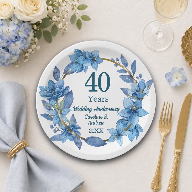 40th Blue Floral Ruby Wedding Anniversary  Paper Plate (Creator Uploaded)