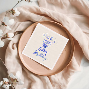 40th Blue Hand Drawn Champagne Bow Glass Birthday Napkin