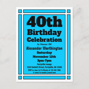 40th Bright Blue Birthday Invitation Postcard