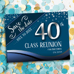 40th Class Reunion Elegant Blue Announcement Postcard<br><div class="desc">Save the date high school or Class reunion postcards. Blue theme with faux foil silver 40th with bold white text. All text is customizable except for the 40 and can be changed for your own party needs. Class banners can also be found in my shop.</div>