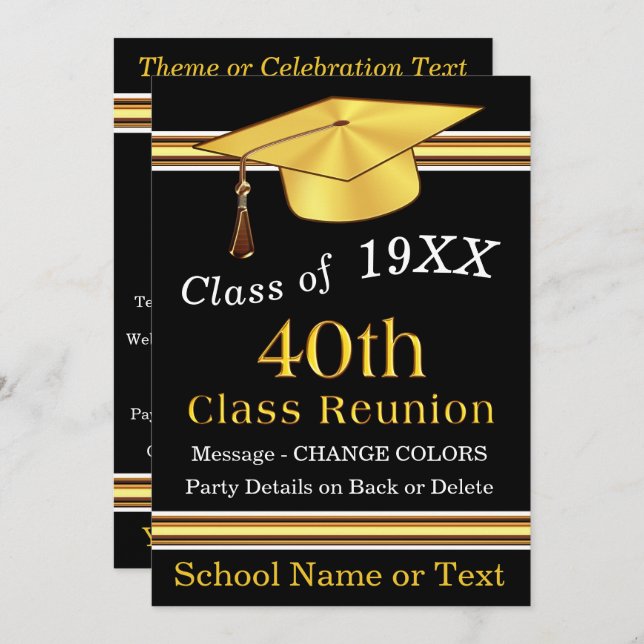 40th Class Reunion Invitations, Black, Gold, White Invitation (Front/Back)