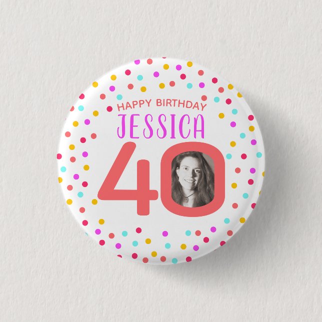 40th custom photo colourful coral confetti 1 inch round button (Front)