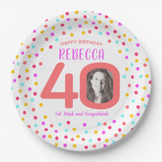 40th custom photo colourful coral confetti birthda paper plate (Front)
