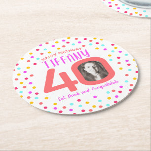 40th custom photo colourful coral confetti birthda round paper coaster