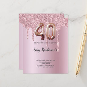 40th glitter gold rose balloon Birthday card 
