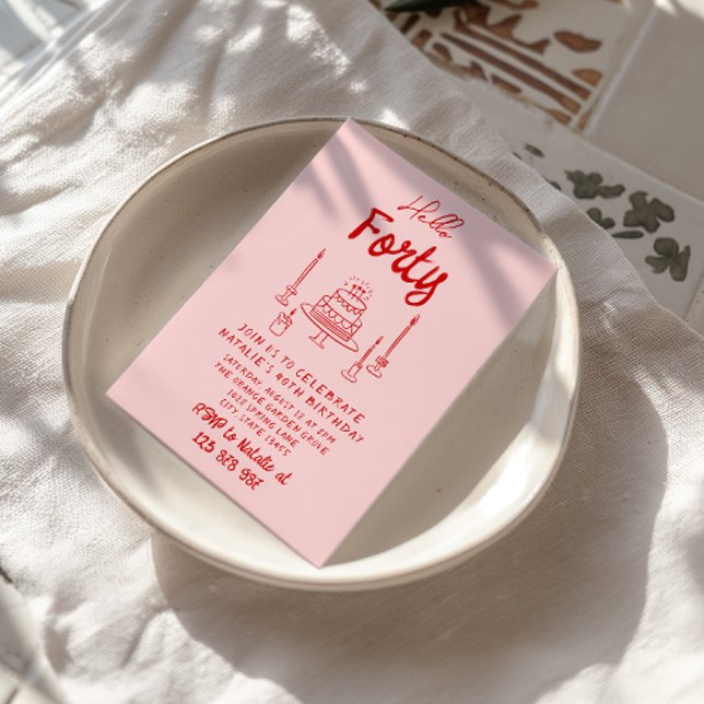 40th Hand Drawn Pink Red Cake Hello Forty Birthday Invitation (Creator Uploaded)