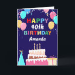 40th Happy Birthday Balloons Cake Navy Blue Card<br><div class="desc">40th Happy Birthday Colourful Balloons Cake Navy Blue with personalized name. For further customization,  please click the "Customize it" button and use our design tool to modify this template.</div>