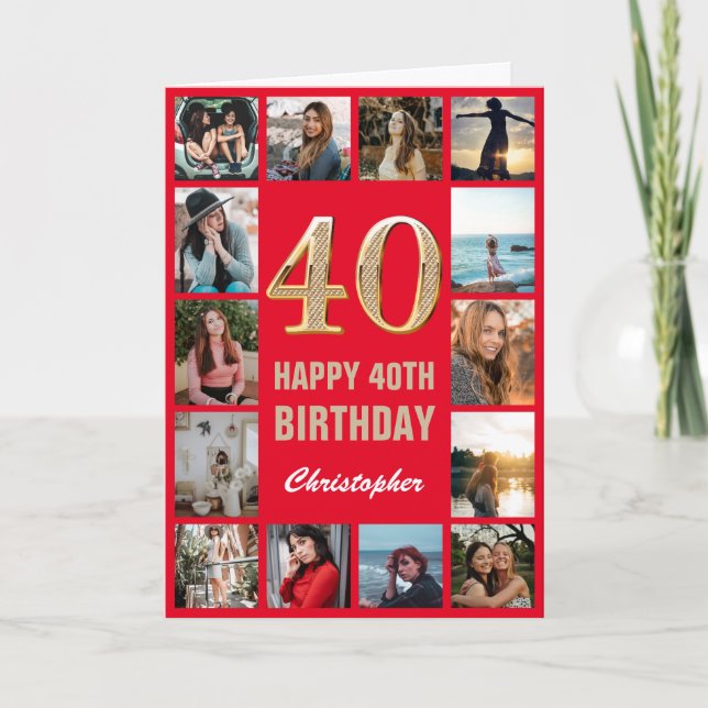 40th Happy Birthday Red and Gold Photo Collage Card (Front)