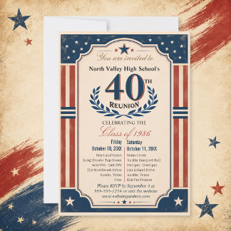 40th High School Class Reunion Americana Red White Invitation