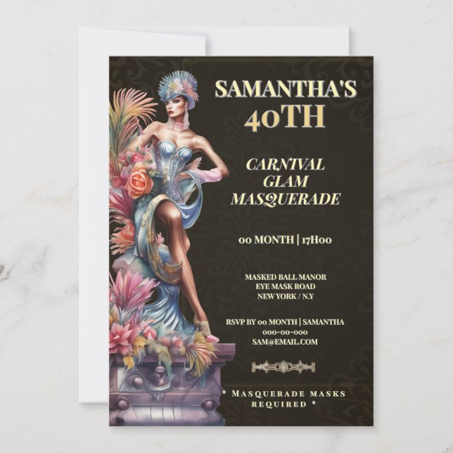 40th Masquerade Birthday Invitation Black Gold (Front)