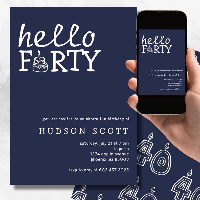  40th Mens Birthday Party Hello Forty Navy Blue Invitation (Creator Uploaded)