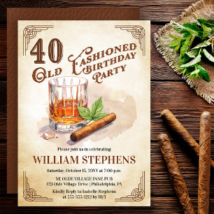 40th Old Fashioned Whiskey Cigar Birthday Party Invitation