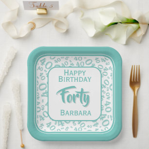 40th Party Random Number Pattern Teal/White Paper Plate