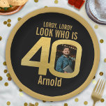 40th photo birthday black and gold paper plate<br><div class="desc">Simple black and gold lordy,  lordy look who is 40th birthday plates to celebrate a fortieth birthday. Customize with your own photograph. Perfect for a special 40th birthday party. Other matching items are available. Design by Sarah Trett for www.mylittleeden.com</div>