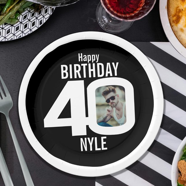40th photo birthday black and white paper plate (Creator Uploaded)