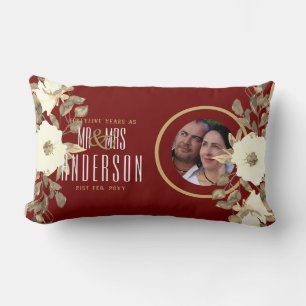 40th PHOTO Wedding Anniversary Floral Ruby Gold Lumbar Pillow