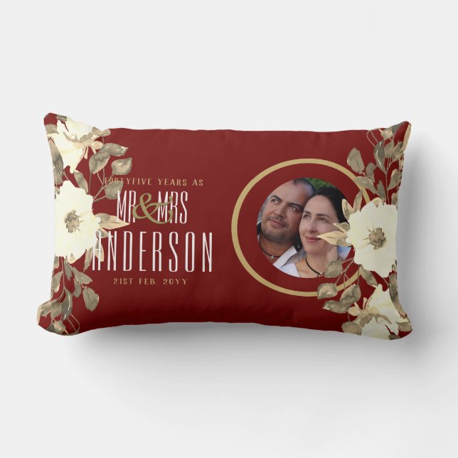 40th PHOTO Wedding Anniversary Floral Ruby Gold Lumbar Pillow (Front)