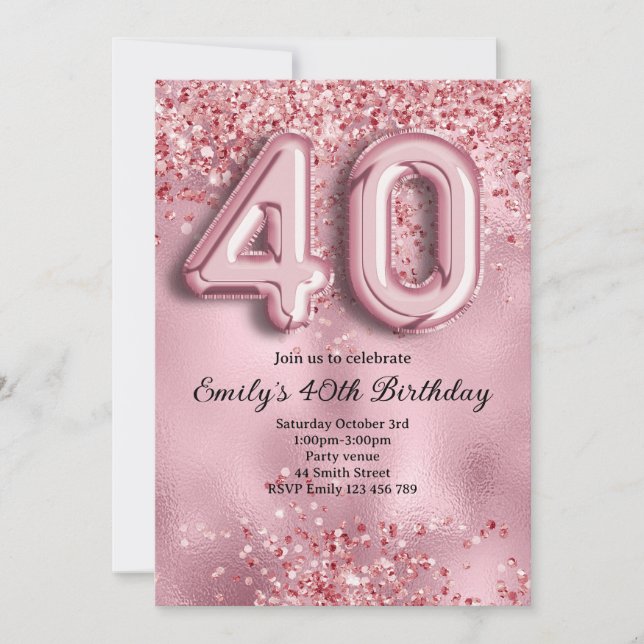 40th Pink Glitter Birthday Invitation (Front)