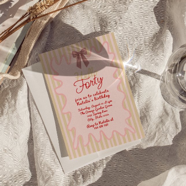 40th Pink Hand Painted Bow Hello Forty Birthday Invitation (Creator Uploaded)