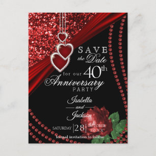 40th Red Glitter & Rose Anniversary -Save the Date Announcement Postcard