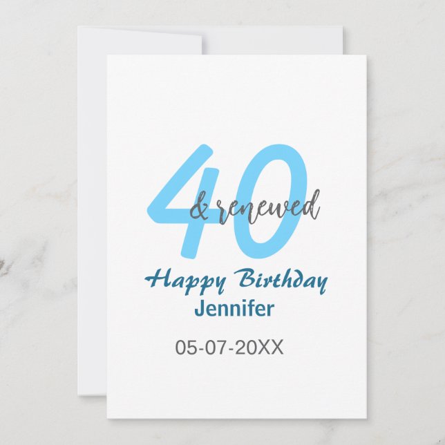 40th & renewed birthday name date blue bold number invitation (Front)