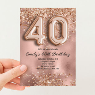 40th Rose Gold Glitter Birthday Invitation