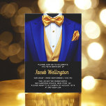 40th Royal Blue and Gold Tuxedo Birthday Event Invitation<br><div class="desc">Celebrate in style with this Royal Blue and Gold Tuxedo Birthday Event Invitation, exuding elegance and sophistication. The sleek black background and shimmering gold accents set the tone for a luxurious affair, perfect for a milestone celebration. With its refined tuxedo-inspired design, this invitation captures the essence of a classy evening...</div>
