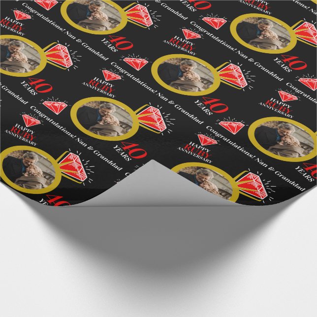40th ruby anniversary gold ring photo custom black wrapping paper (Corner)