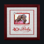 40th Ruby Anniversary Photo Jewellery Box<br><div class="desc">This beautiful lacquered Jewellery or Trinket Box is adorned with our beautiful Wedding Anniversary Collection designs and holds the anniversary couple's photograph, date of their Ruby Anniversary and their names. A lovely way to cherish the memories you made celebrating 40-years together. A beautiful gift for the husband to give his...</div>