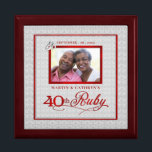 40th Ruby Anniversary Photo Jewellery Box<br><div class="desc">This beautiful lacquered Jewellery or Trinket Box is adorned with our beautiful Wedding Anniversary Collection designs and holds the anniversary couple's photograph, date of their Ruby Anniversary and their names. A lovely way to cherish the memories you made celebrating 40-years together. A beautiful gift for the husband to give his...</div>