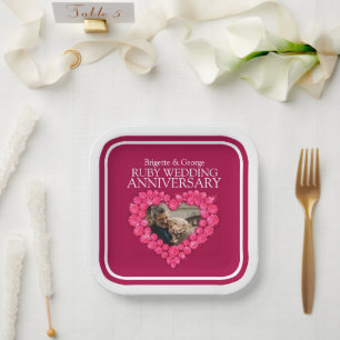 40th Ruby Anniversary photo red heart square Paper Plate