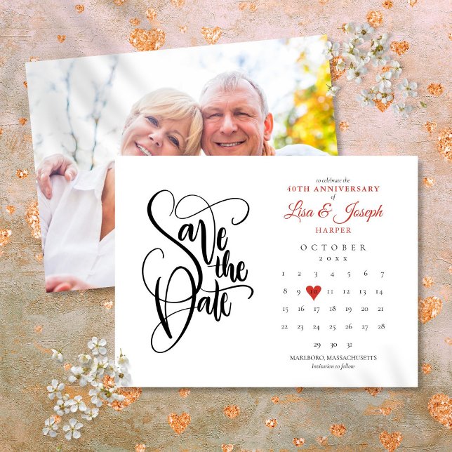 40th Ruby Anniversary Save the Date Calendar Photo Announcement Postcard (40th Ruby Anniversary Save the Date Calendar Photo Announcement Postcard)