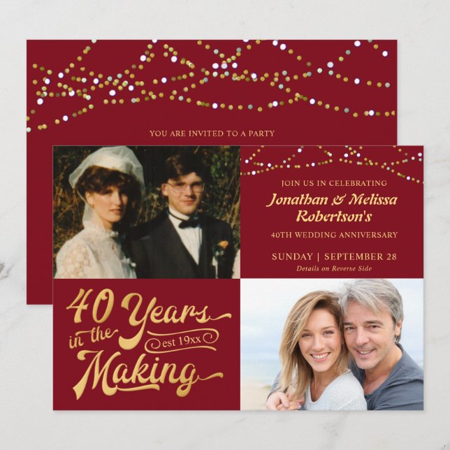 40th Ruby Anniversary Then & Now Photos Party Invitation (Front/Back)