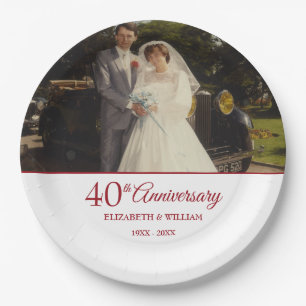 40th Ruby Anniversary Wedding Photo Elegant Paper Plate