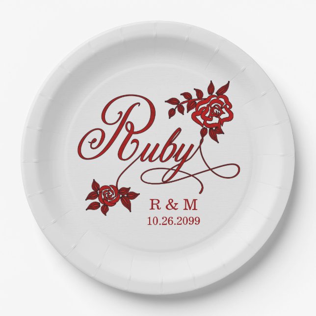 40th Ruby Anniversary with Date and Initials Paper Plate (Front)