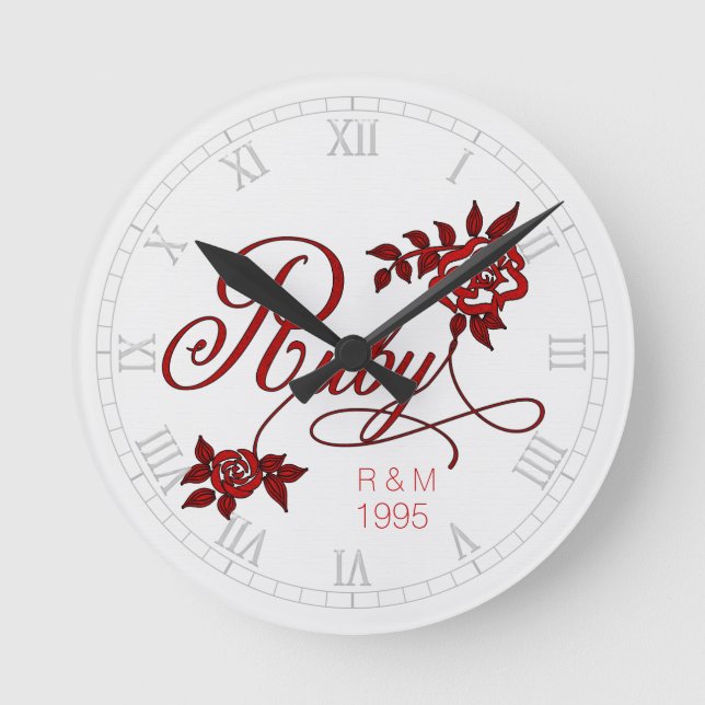 40th Ruby Anniversary with Date and Initials Round Clock (Front)