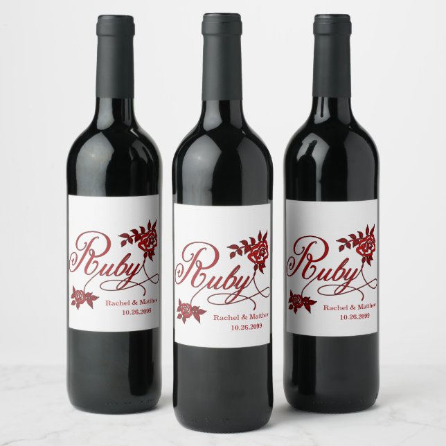 40th Ruby Anniversary with Date and Initials Wine Label (Bottles)