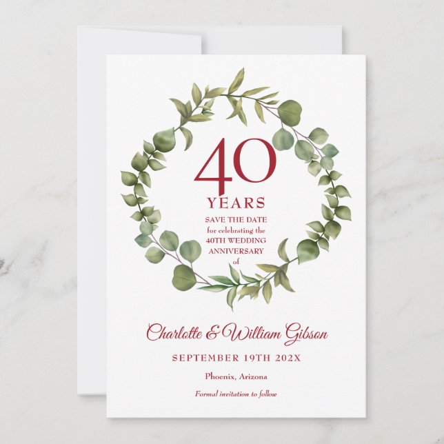 40th Ruby Anniversary Woodland Greenery  Save The Date (Front)