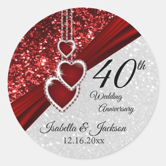 40th Ruby Red and White Glitter Anniversary Classic Round Sticker (Front)