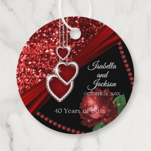 40th Ruby Red Glitter and Rose Anniversary Favour Tags
