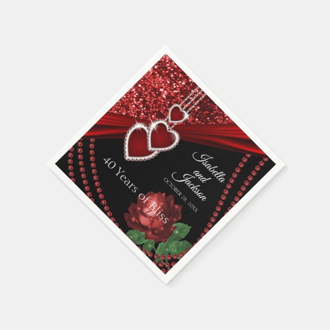 40th Ruby Red Glitter and Rose Anniversary Napkin (Corner)