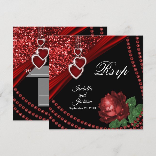 40th Ruby Red Glitter and Rose Rsvp Invitation (Front/Back)