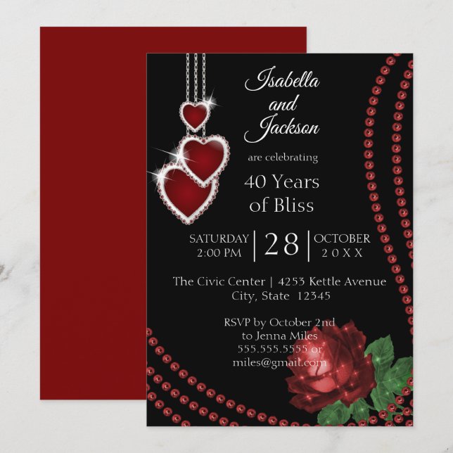 40th Ruby Red Rose Anniversary Invitation (Front/Back)