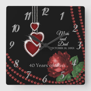 40th Ruby Red Rose Anniversary Square Wall Clock
