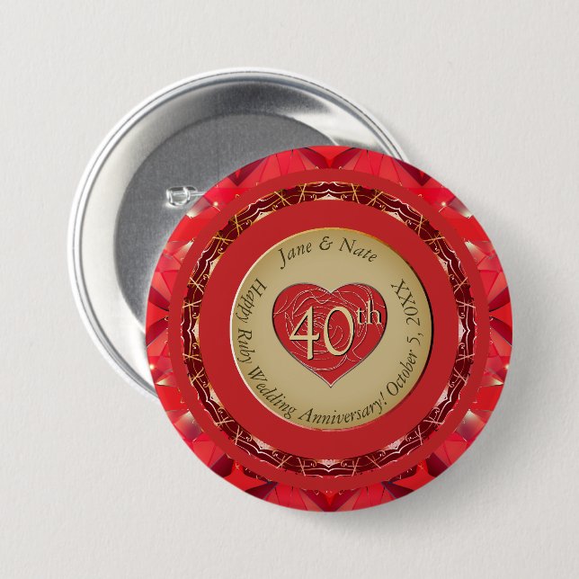 40th Ruby Wedding Anniversary  3 Inch Round Button (Front & Back)